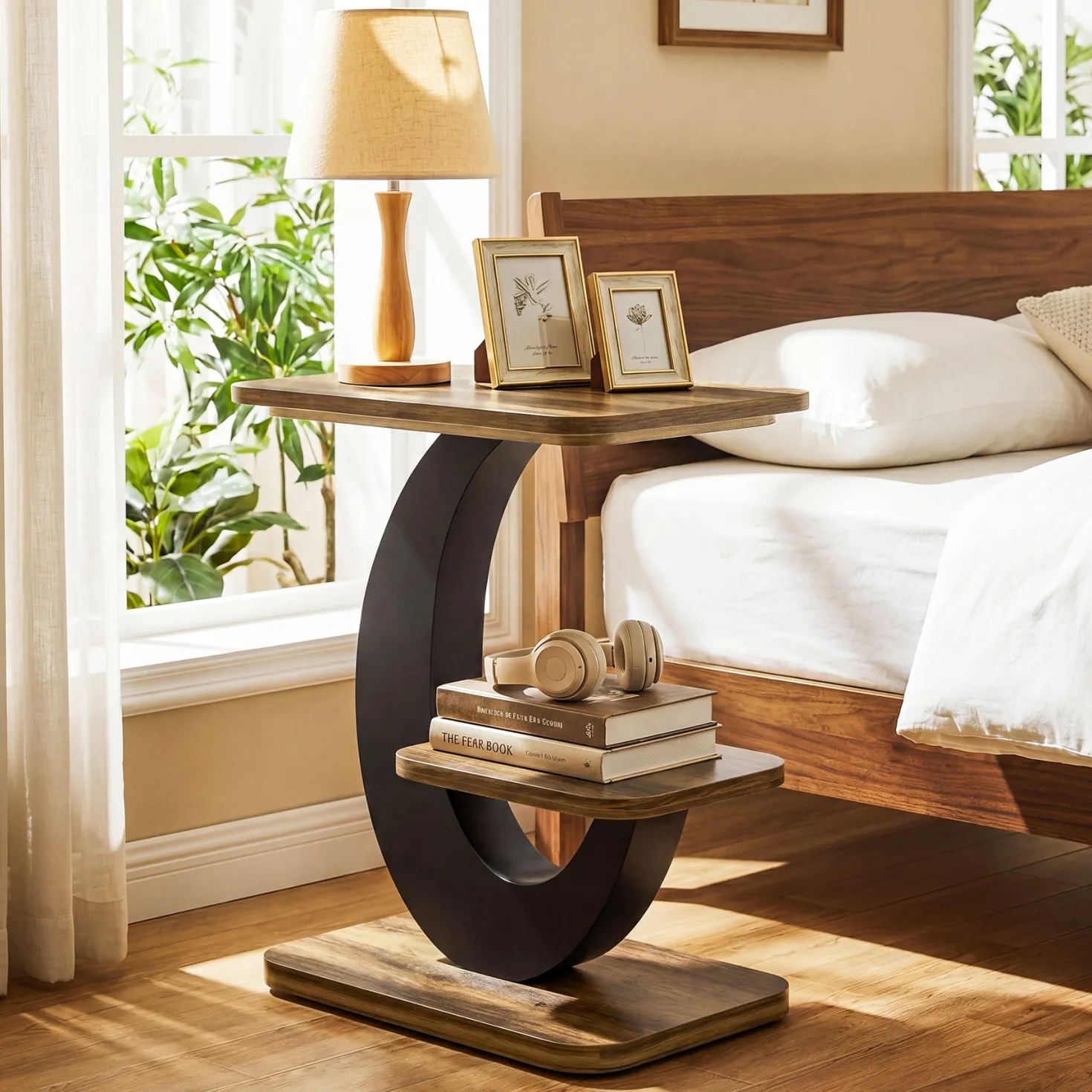 2-Tier End Table, Narrow Side Table with Metal Arc-Shaped Frame