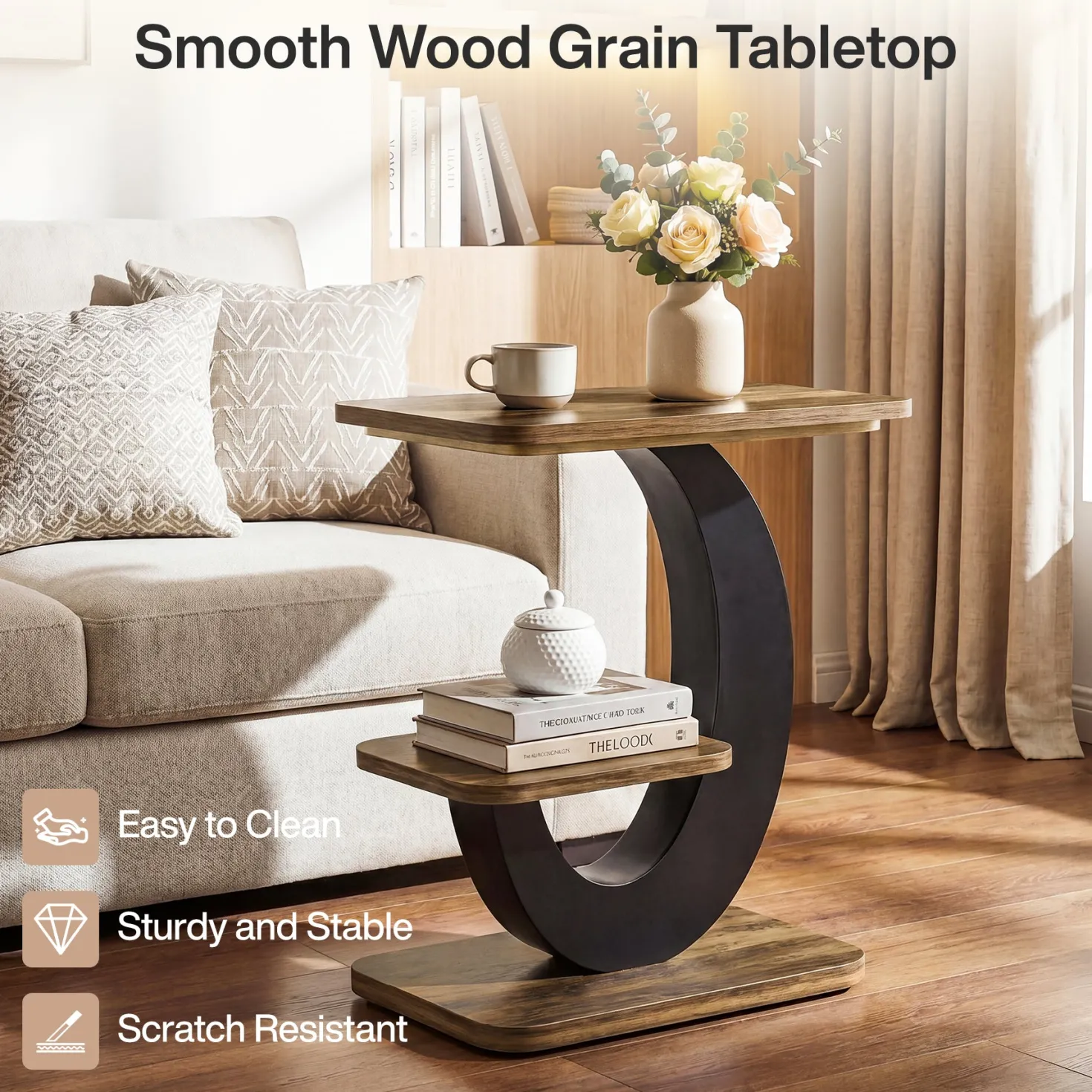 2-Tier End Table, Narrow Side Table with Metal Arc-Shaped Frame