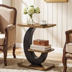 2-Tier End Table, Narrow Side Table with Metal Arc-Shaped Frame
