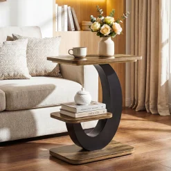 2-Tier End Table, Narrow Side Table with Metal Arc-Shaped Frame
