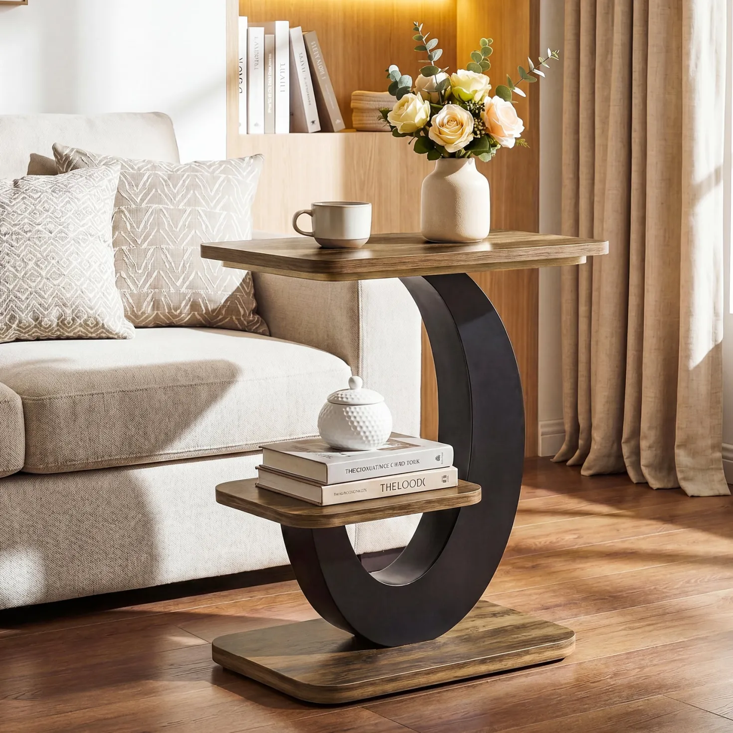 2-Tier End Table, Narrow Side Table with Metal Arc-Shaped Frame