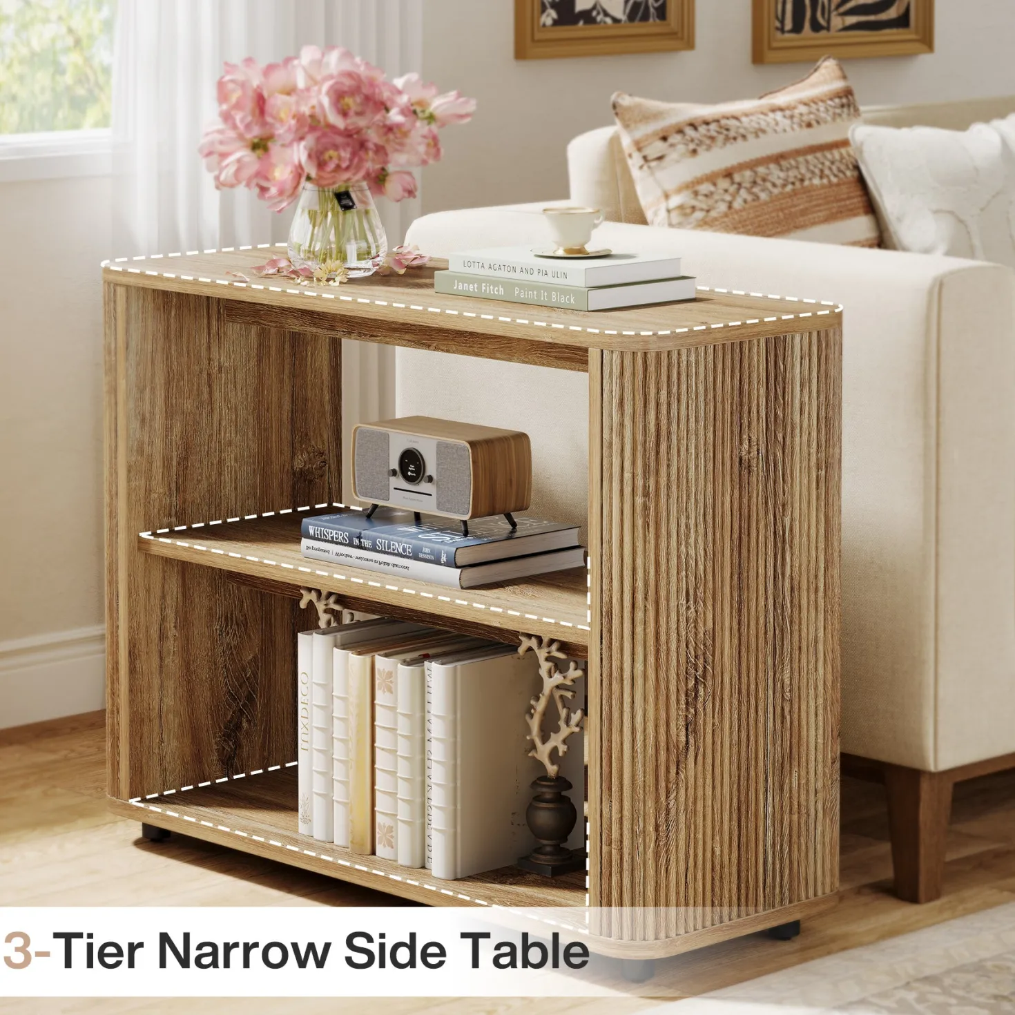 3-Tier End Table, Narrow Side Table Nightstand with Storage Shelves