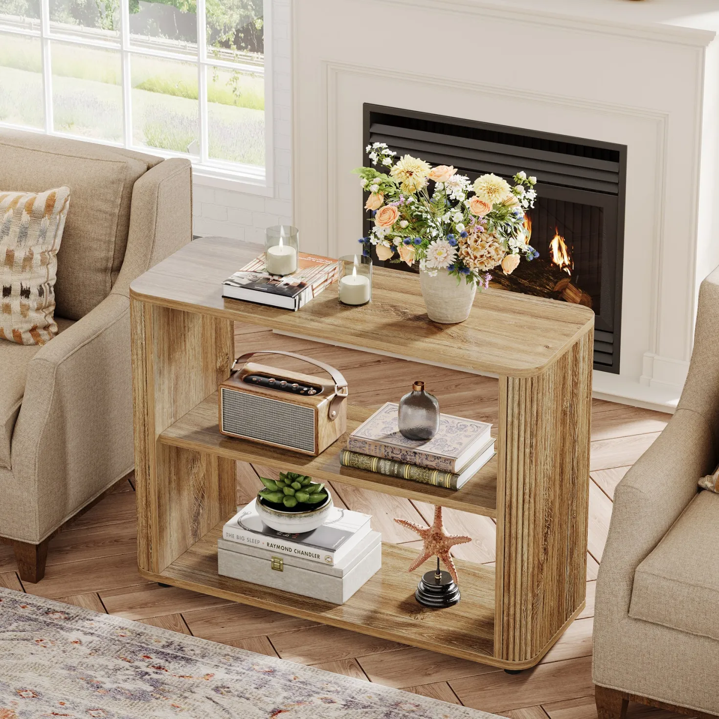 3-Tier End Table, Narrow Side Table Nightstand with Storage Shelves