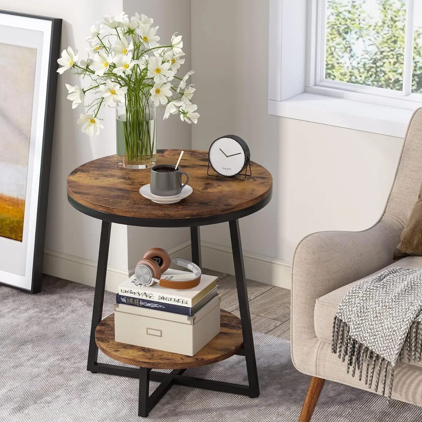 2-Tier End Table, Round Accent Bedside Table with Storage Shelf