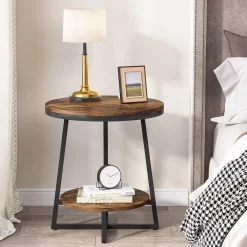 2-Tier End Table, Round Accent Bedside Table with Storage Shelf