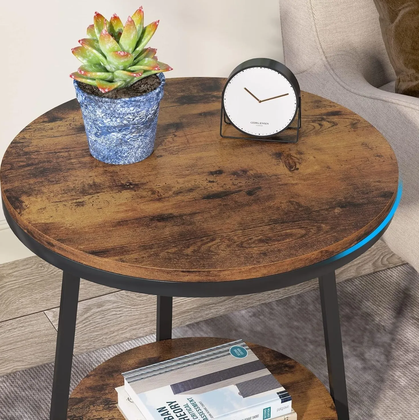 2-Tier End Table, Round Accent Bedside Table with Storage Shelf