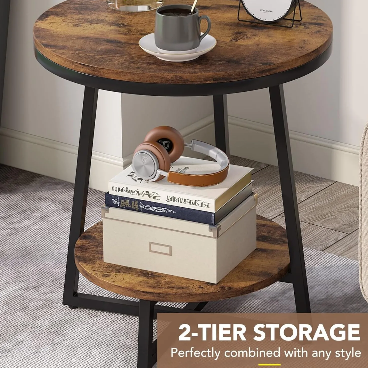 2-Tier End Table, Round Accent Bedside Table with Storage Shelf