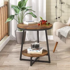 2-Tier End Table, Round Accent Bedside Table with Storage Shelf