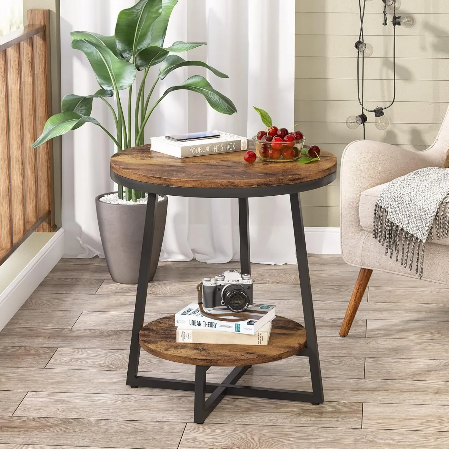 2-Tier End Table, Round Accent Bedside Table with Storage Shelf
