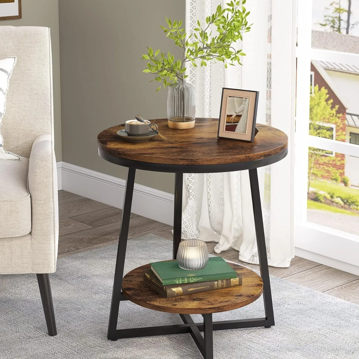 2-Tier End Table, Round Accent Bedside Table with Storage Shelf