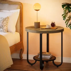 2-Tier End Table, Round Side Table Nightstand with Curved Metal Legs