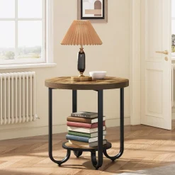 2-Tier End Table, Round Side Table Nightstand with Curved Metal Legs