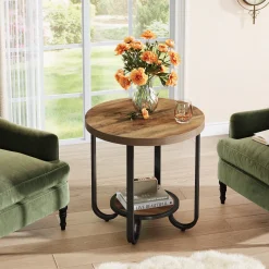 2-Tier End Table, Round Side Table Nightstand with Curved Metal Legs