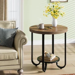2-Tier End Table, Round Side Table Nightstand with Curved Metal Legs