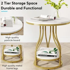 2-Tier End Table, Round Sofa Side Table with Metal Frame