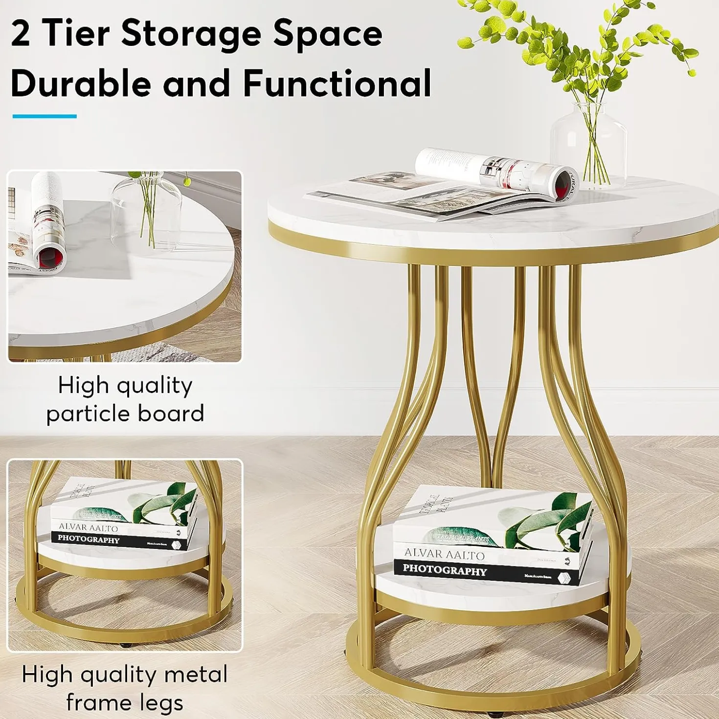 2-Tier End Table, Round Sofa Side Table with Metal Frame