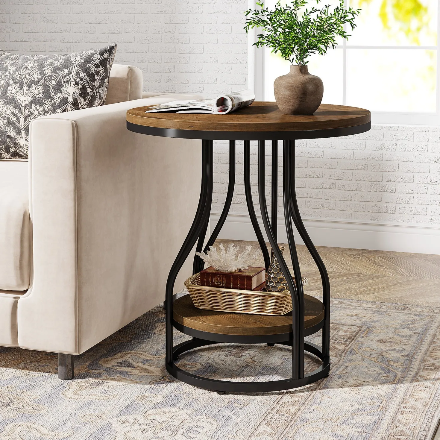 2-Tier End Table, Round Sofa Side Table with Metal Frame