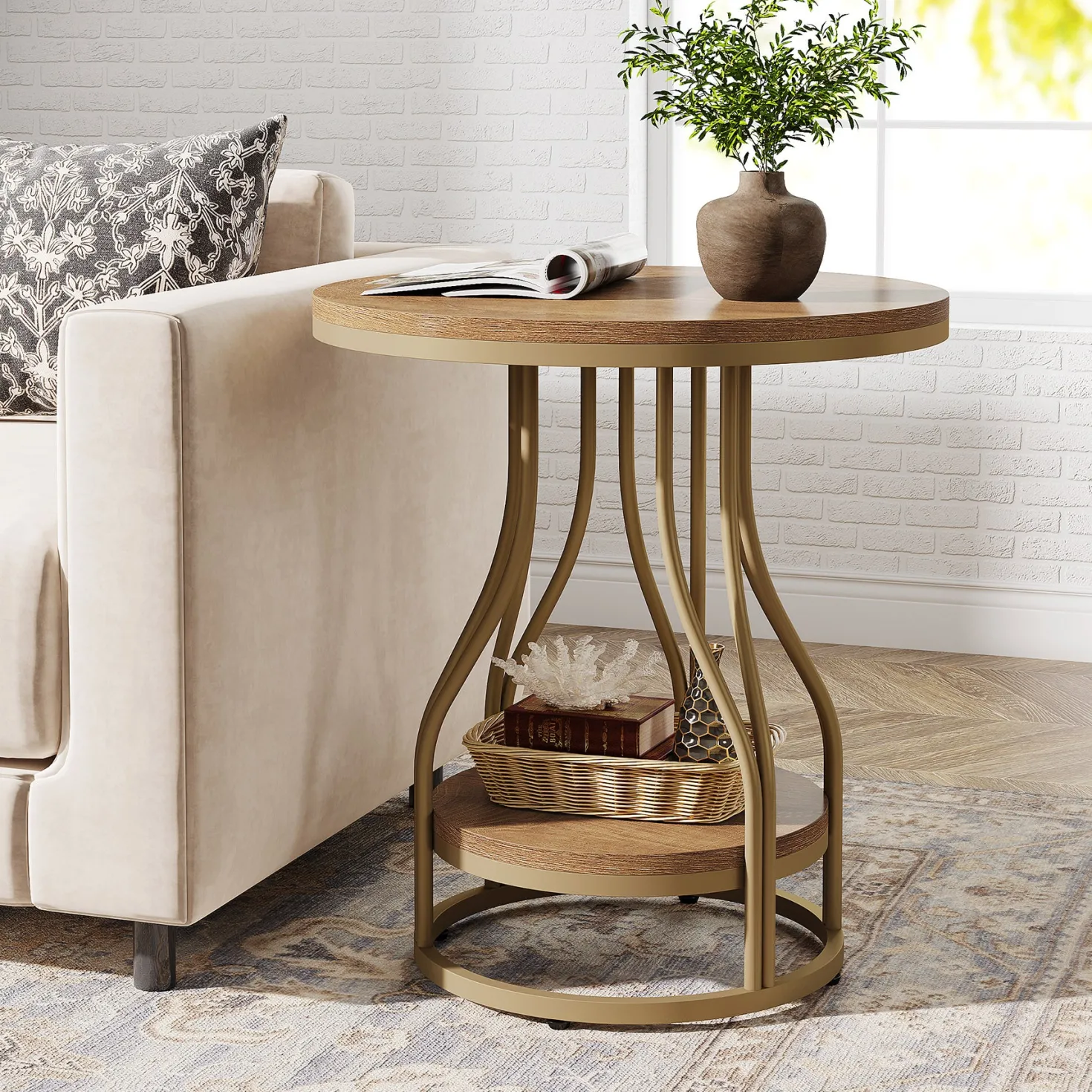 2-Tier End Table, Round Sofa Side Table with Metal Frame