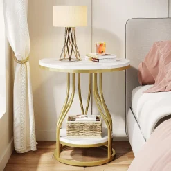 2-Tier End Table, Round Sofa Side Table with Metal Frame