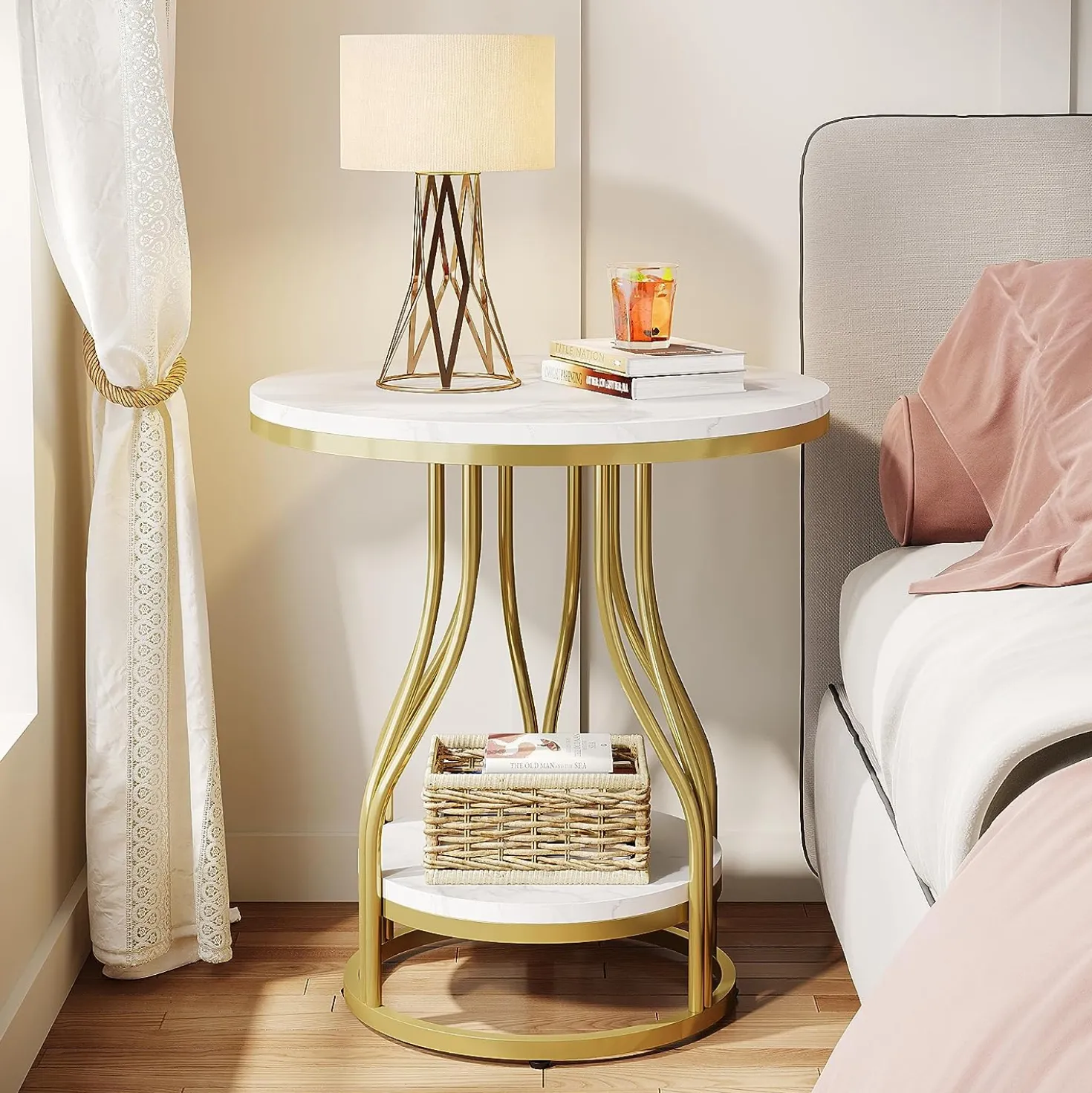 2-Tier End Table, Round Sofa Side Table with Metal Frame