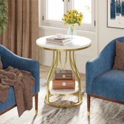 2-Tier End Table, Round Sofa Side Table with Metal Frame