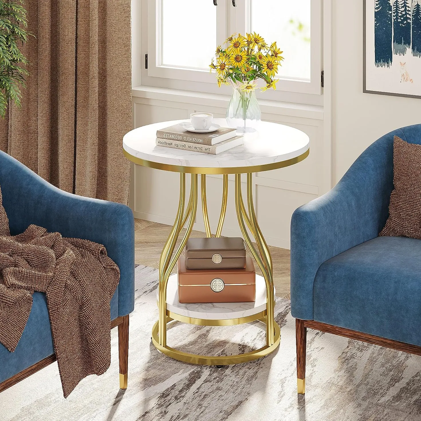 2-Tier End Table, Round Sofa Side Table with Metal Frame