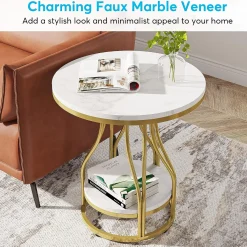 2-Tier End Table, Round Sofa Side Table with Metal Frame
