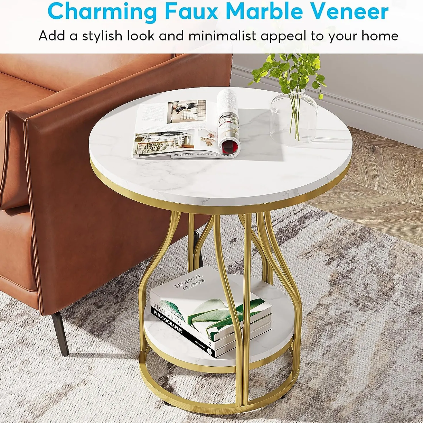 2-Tier End Table, Round Sofa Side Table with Metal Frame
