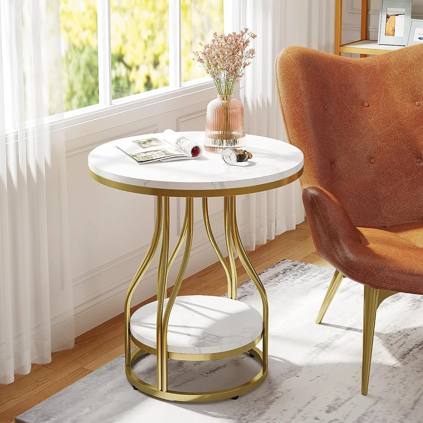 2-Tier End Table, Round Sofa Side Table with Metal Frame