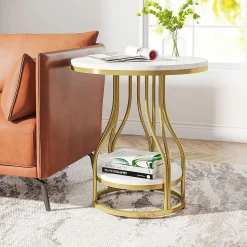 2-Tier End Table, Round Sofa Side Table with Metal Frame