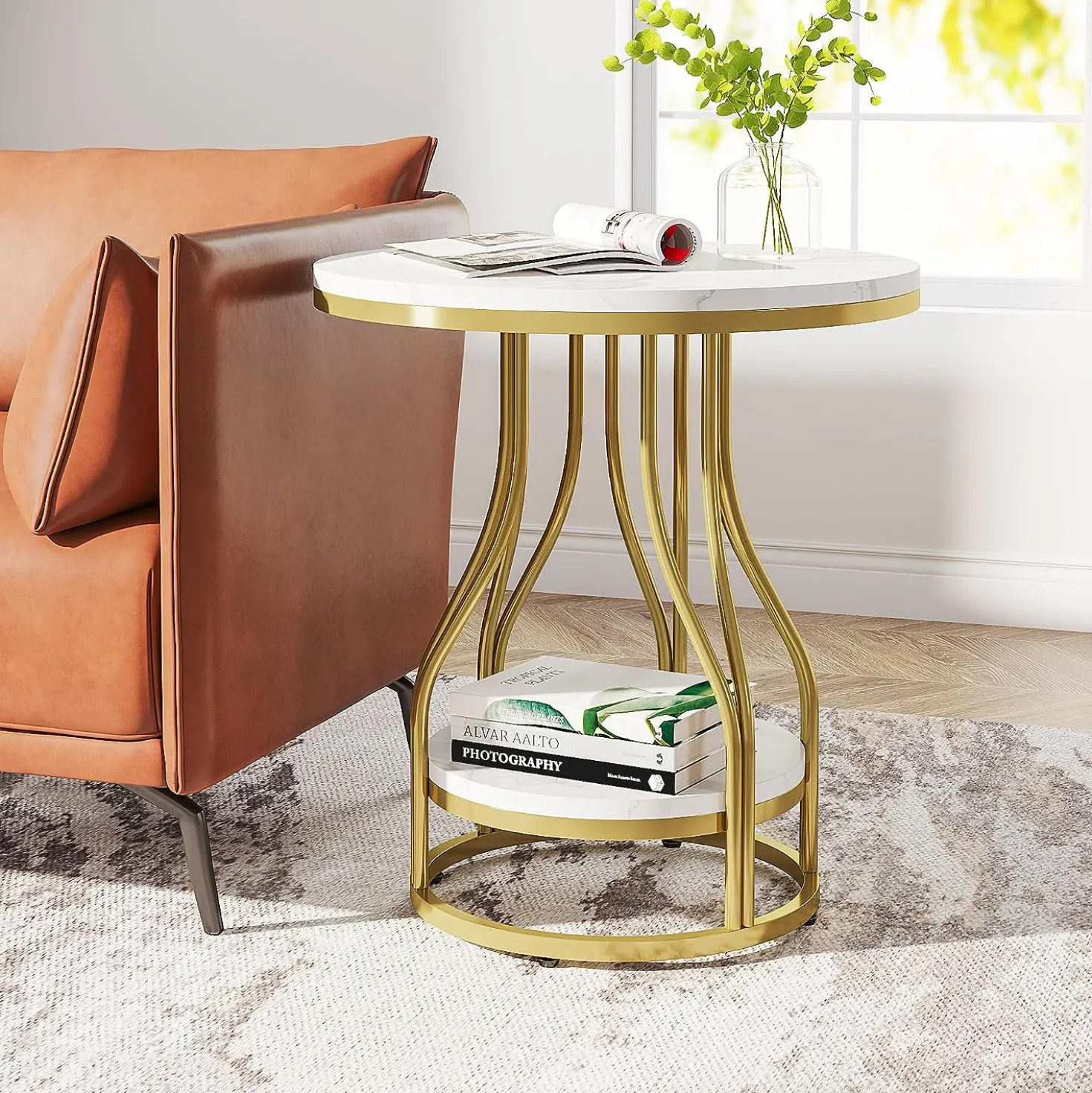 2-Tier End Table, Round Sofa Side Table with Metal Frame