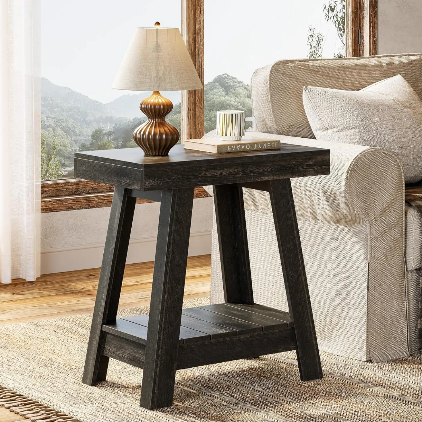 2-Tier End Table, Slim Sofa Side Table with Storage