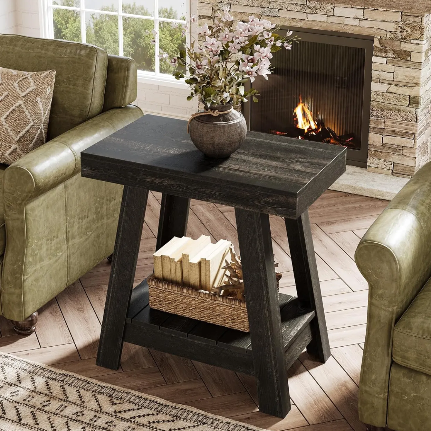 2-Tier End Table, Slim Sofa Side Table with Storage