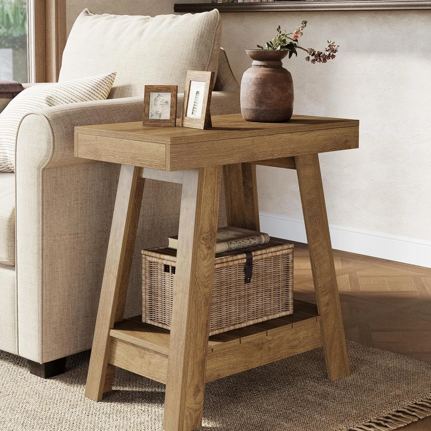 2-Tier End Table, Slim Sofa Side Table with Storage