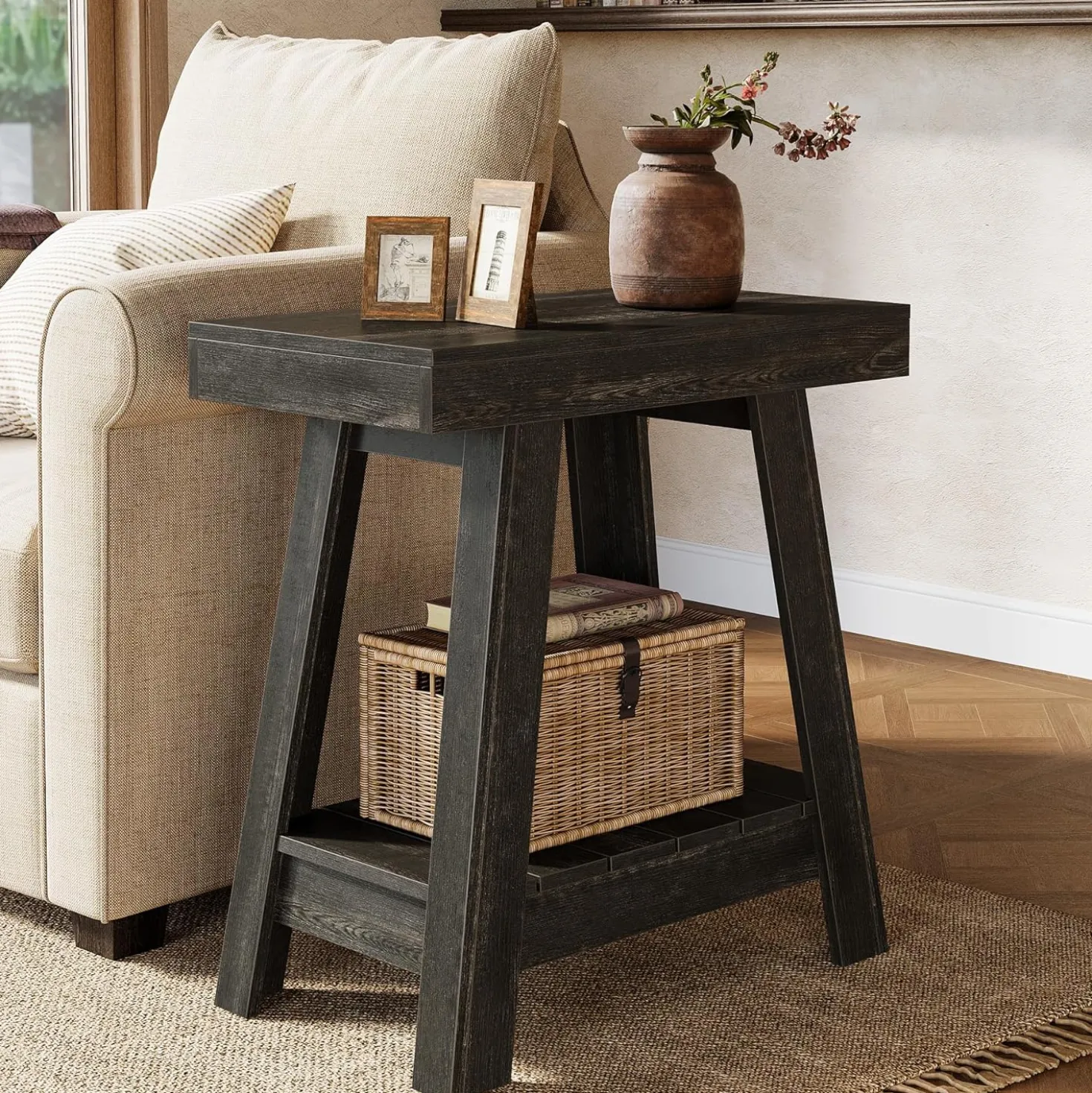 2-Tier End Table, Slim Sofa Side Table with Storage