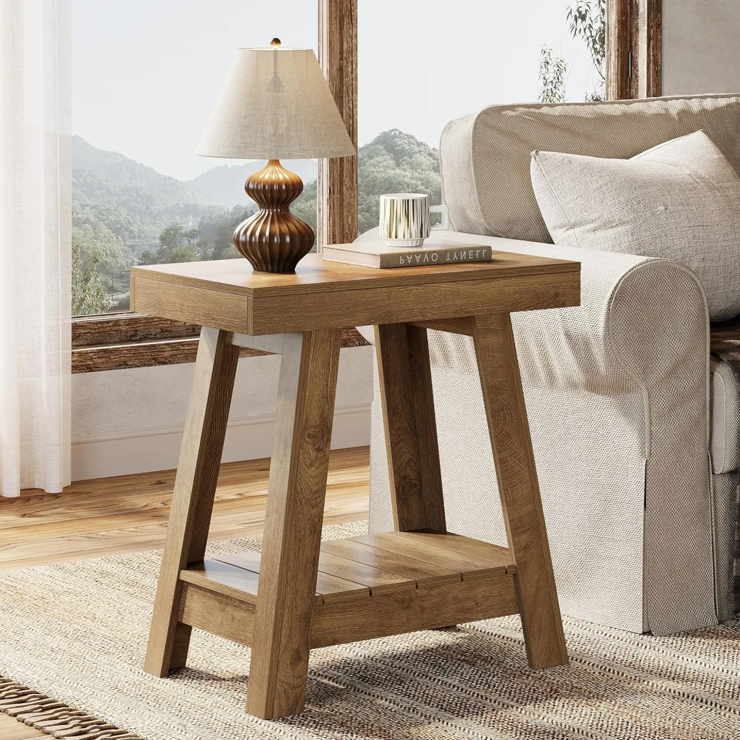 2-Tier End Table, Slim Sofa Side Table with Storage