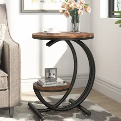 2-Tier End Table, Small Accent Side Table with C-Shaped Frame
