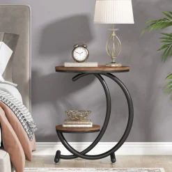 2-Tier End Table, Small Accent Side Table with C-Shaped Frame