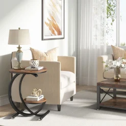 2-Tier End Table, Small Accent Side Table with C-Shaped Frame