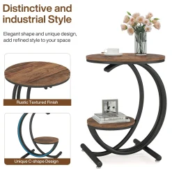 2-Tier End Table, Small Accent Side Table with C-Shaped Frame