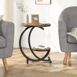 2-Tier End Table, Small Accent Side Table with C-Shaped Frame