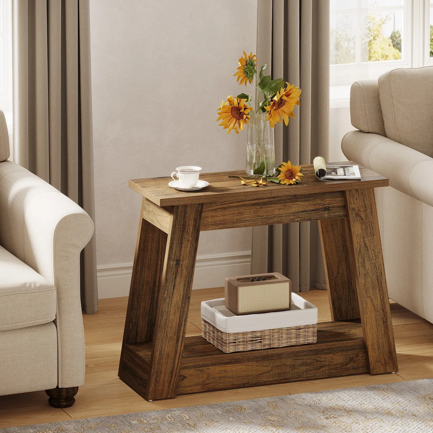 2-Tier End Table, Small Side Table With 2 Storage Shelves for Living Room