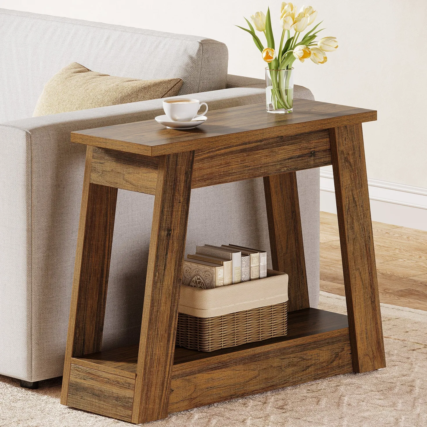 2-Tier End Table, Small Side Table With 2 Storage Shelves for Living Room