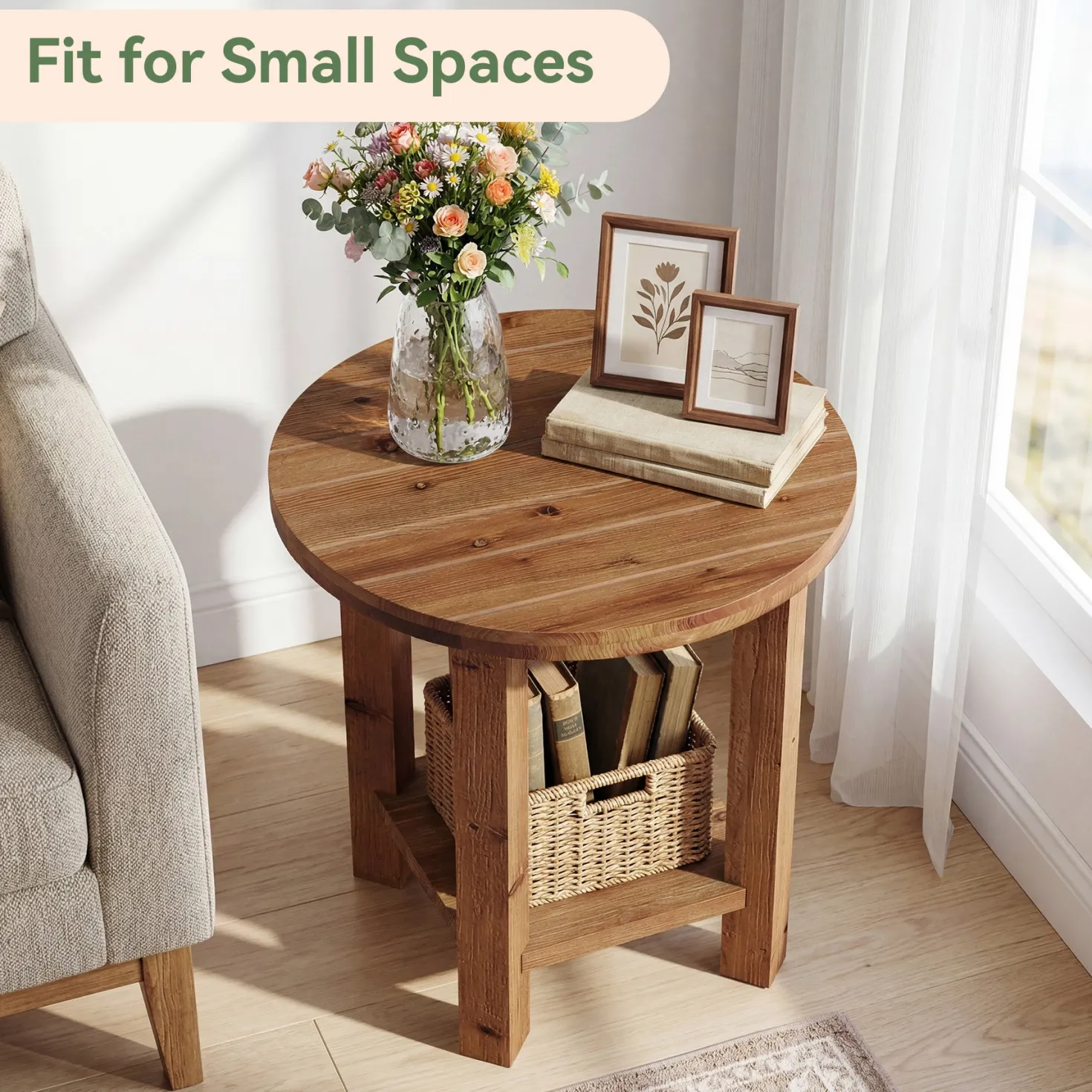 2-Tier End Table, Solid Wood Round Side Table with Grooved Textured Tabletop