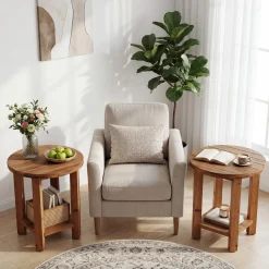 2-Tier End Table, Solid Wood Round Side Table with Grooved Textured Tabletop