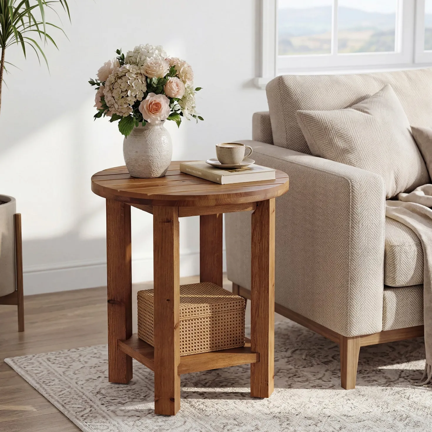 2-Tier End Table, Solid Wood Round Side Table with Grooved Textured Tabletop