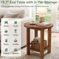 2-Tier End Table, Solid Wood Round Side Table with Grooved Textured Tabletop
