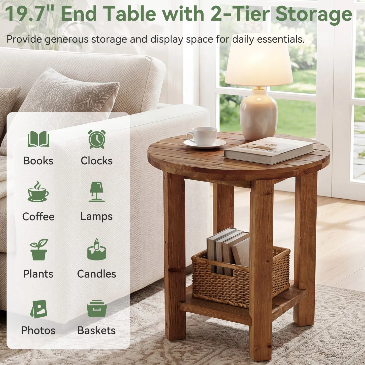 2-Tier End Table, Solid Wood Round Side Table with Grooved Textured Tabletop