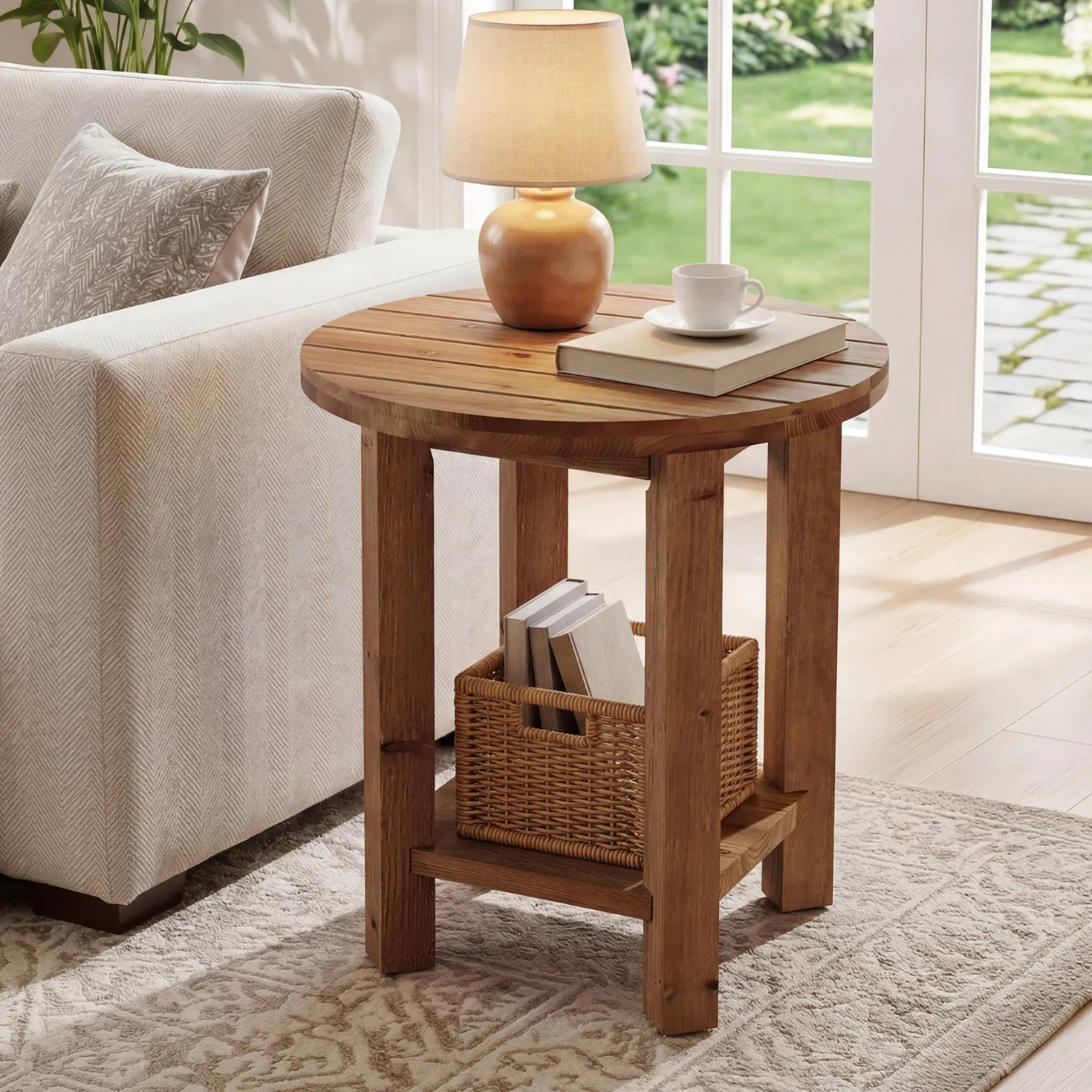 2-Tier End Table, Solid Wood Round Side Table with Grooved Textured Tabletop