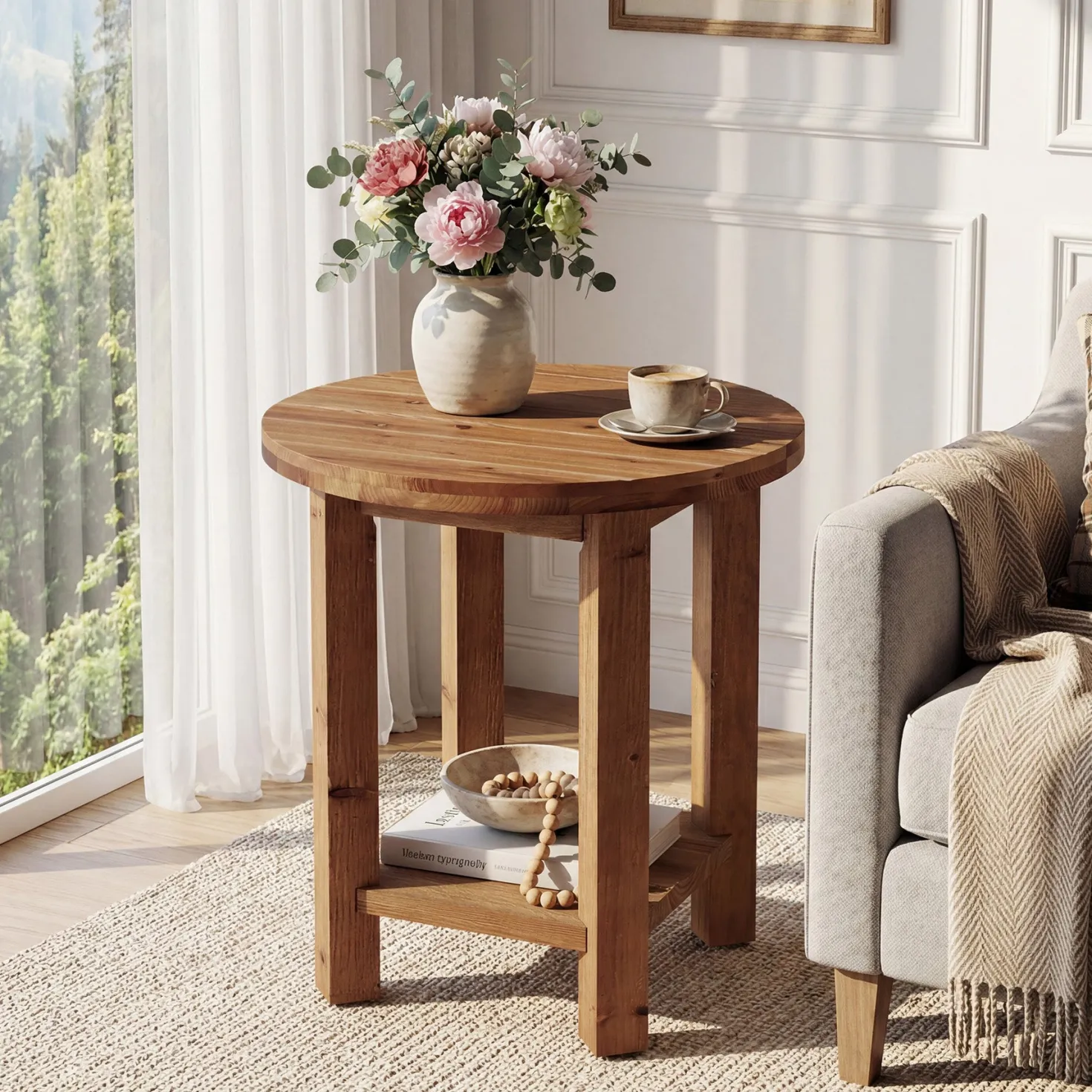 2-Tier End Table, Solid Wood Round Side Table with Grooved Textured Tabletop